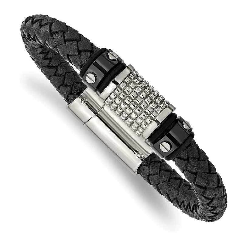 Discover Unique Jewelry With Special Limited-Time Offers Two Tone Stainless Steel Black Leather Textured Bead Bracelet, 8.5 In Discover Unique Jewelry With Special Limited-Time Offers Two Tone Stainless Steel Black Leather Textured Bead Bracelet, 8.5 In
