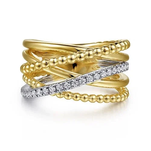 Shop Dazzling Jewelry At The Best Prices 14K White-Yellow Gold Bujukan Ball and Diamond Criss Cross Ring Shop Dazzling Jewelry At The Best Prices 14K White-Yellow Gold Bujukan Ball and Diamond Criss Cross Ring