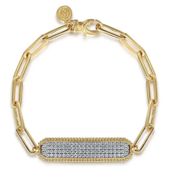 Discounted Jewelry For A Glamorous Look 14K Yellow Gold Hollow Paperclip Chain Diamond Pave ID Bracelet Discounted Jewelry For A Glamorous Look 14K Yellow Gold Hollow Paperclip Chain Diamond Pave ID Bracelet