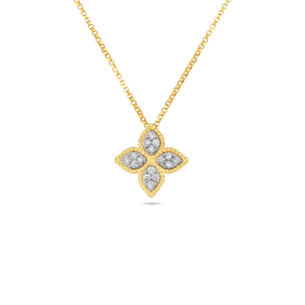 Fashion-Forward Jewelry At Incredible Prices 18K YELLOW/WHITE GOLD PRINCESS FLOWER MEDIUM DIAMOND NECKLACE