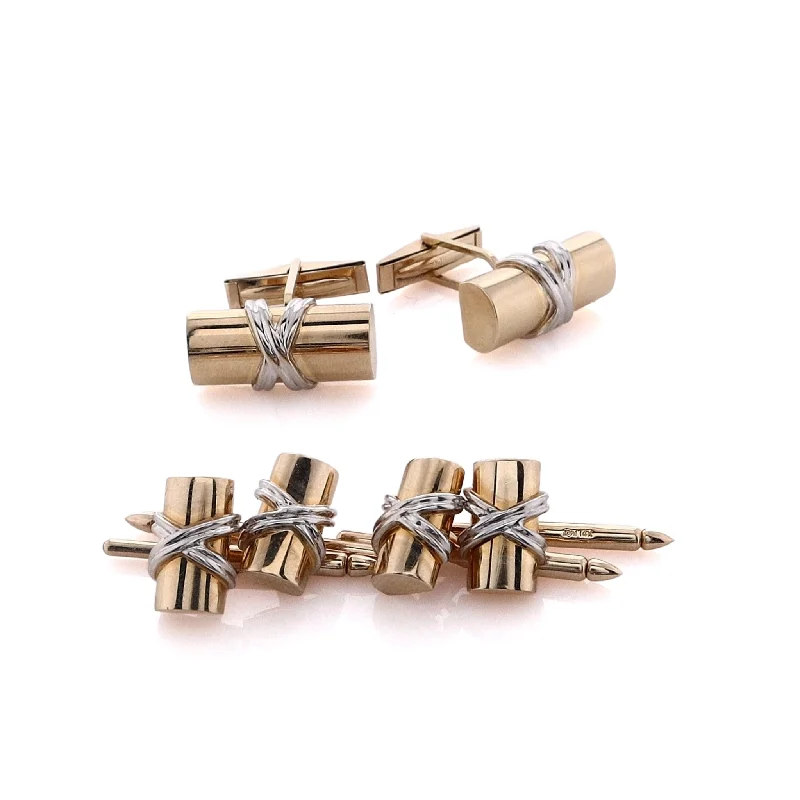Trending Jewelry Now At Unbeatable Prices Estate 14k Two Tone Set of 2 Cufflinks and 4 Shirt Studs Yellow Gold Rectangular Bar With White Gold "X" Design Trending Jewelry Now At Unbeatable Prices Estate 14k Two Tone Set of 2 Cufflinks and 4 Shirt Studs Yellow Gold Rectangular Bar With White Gold "X" Design