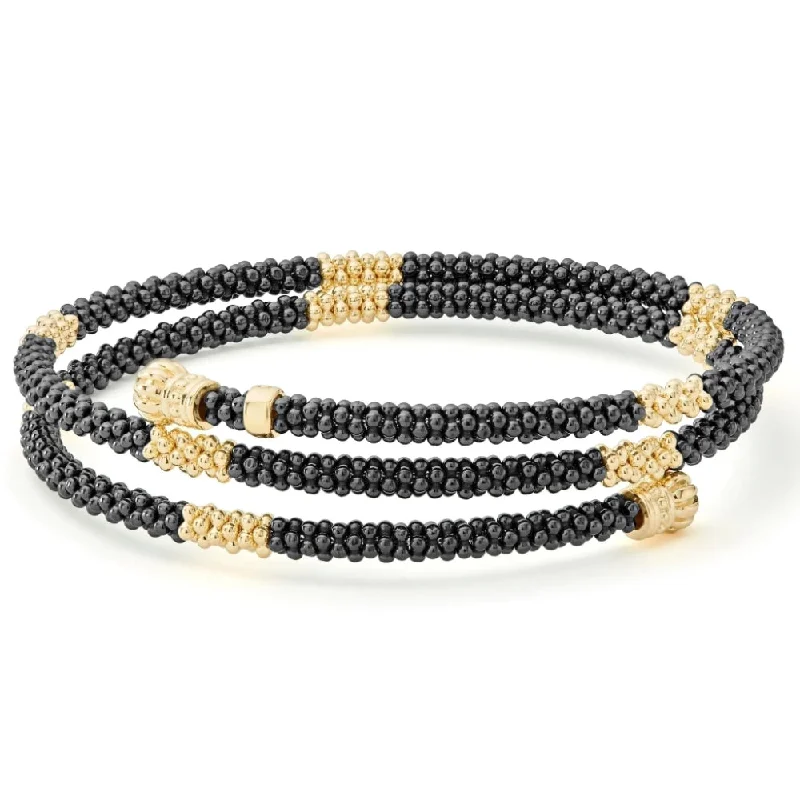 Eco-Friendly Sustainable Jewelry For Conscious Buyers Lagos 18k Gold Black Caviar Small Station Ceramic Wrap Bracelet, 3mm