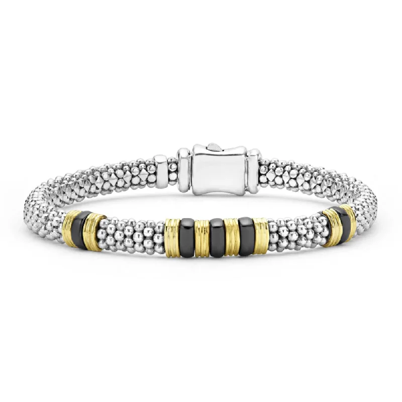Upgrade Your Jewelry Collection For Less Lagos Black Caviar 18k Gold and Ceramic Triple Station Bracelet, 6mm Upgrade Your Jewelry Collection For Less Lagos Black Caviar 18k Gold and Ceramic Triple Station Bracelet, 6mm